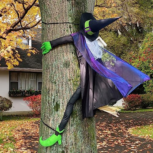 POPGIFTU 163cm Large Crashing Witch into Tree Halloween Outdoor Decoration – Funny Flying Witch Hanging Prop for Porch, Garden & Lawn