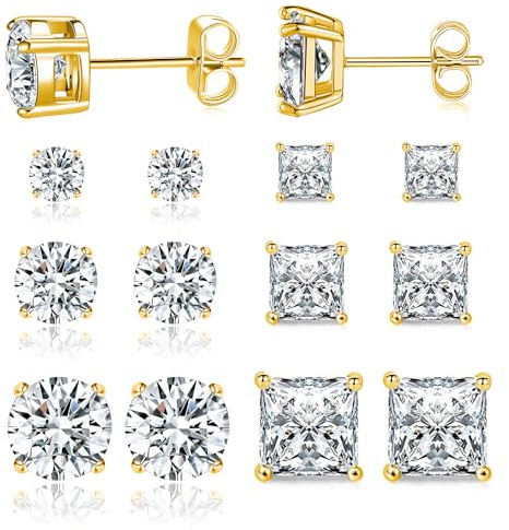 6 Pairs Earrings Set for Men 316L Stainless Steel 3/5/7mm Round and Princess Square Ear Piercing Studs Hypoallergenic Jewelry