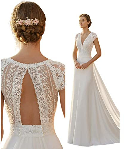 JACTZ Vestido De Novia Elegante Encaje Satén Moderno Sirena Con Tren Desmontable V Cuello Marfil Bata De Talla Grande-White,8