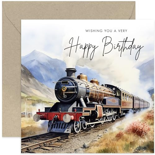 Old English Co. Carte d'anniversaire avec train à vapeur pour lui – Carte d'anniversaire aquarelle pour homme – Carte vintage de train à vapeur pour papa, grand-père, mari | Intérieur vierge avec