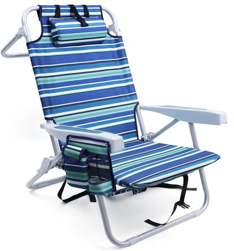 Yestomo Beach Chairs for Adults Heavy Duty, Compact Portable Lay Flat Folding Chair with Backpack Straps and Large Cooler Pouch, Support to 350LBS (Stripes_Blue&Cyan)