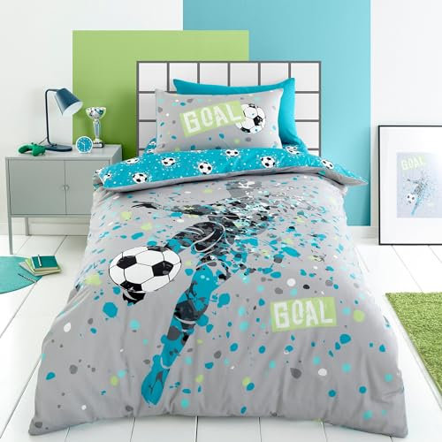 Bedlam Bedding Blauer Aqua-Fußball-Bettbezug – Einzelgröße (200 x 140 cm) – wendbar (2 Designs) – Bettbezug mit Fußballmotiven – Fußball-Schlafzimmer-Zubehör – Fußball