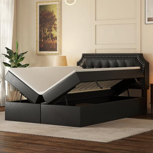Kehun Boxspringbett Polsterbett 140x200 cm, Doppelbett mit Großer Stauraum, Bett mit Lattenrost aus Metallrahmen, Stauraumbett Bettrahmen mit Kopfteil, Kunstleder, Schwarz, Ohne Matratze