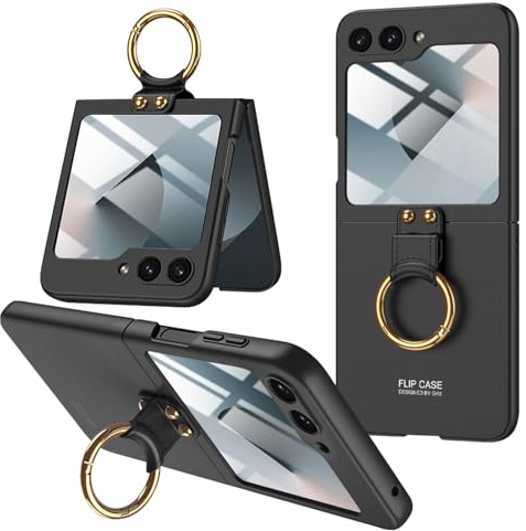 Miimall för Samsung Galaxy Z Flip 6/Z Flip 7 FE fodral, Flip6 fodral med inbyggt skärmskydd och ringhållare, hård PC slim fit stöttåligt heltäckande skyddande fodral för Samsung Flip7 FE, svart