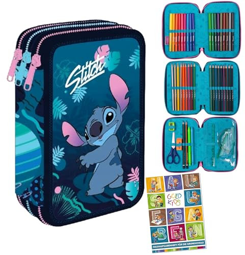 Goldkids - Federmäppchen 3 Fächer - Mäppchen für Mädchen und Jungen - Federmappe 3-Fach Federtasche Gefüllte Schüleretui 46-teilig - Schulmäppchen und Hausaufgabenheft - Stitch Motiv