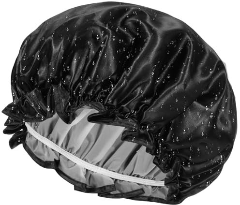 Large Shower Cap for Women, Reusable Waterproof Bath Shower Caps Double Layer Bathing Shower Hat Elastic Band Satin Bonnets Bath Hair Caps for Women Long Hair (Black)