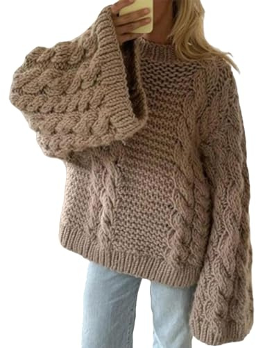 Tbahhir Women's Oversized Cable Knit Sweater Long Sleeve Chunky Pullover