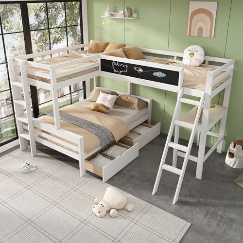 Zravenna Cama alta triple para niños de 140x200cm+90x200cm con escritorio y estantería, litera para 3 niños con cajones y escaleras, madera de pino, blanco+roble