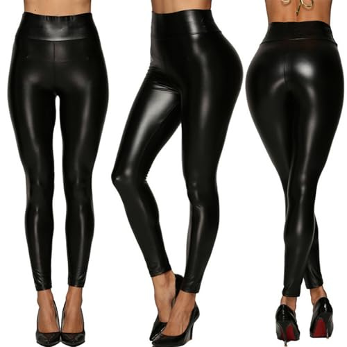 Kxydlww Leggings Womens High Waisted Black Faux Leather Leggings Shiny PU Wet Look Faux Leather Trousers Push Up Sexy Tights for Clubbing And Parties Aspetto in Similpelle PU Soft Stretch Skinny