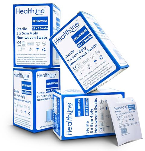 Pack of 500 (4 Boxes - 125 Swabs Per/Box) Health Line Sterile Gauze Swabs 5cm x 5cm | Ideal for Bandage Dressing Applications on Small Wounds
