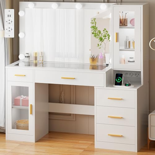 BEWISHOME Großer Schminktisch mit verstellbaren LED-Beleuchtung und Steckdosen,Schminktisch mit Spiegel,Glasplatte,Kosmetiktisch mit 5 Schubladen,Frisiertisch für Schlafzimmer Weißer EFST34W