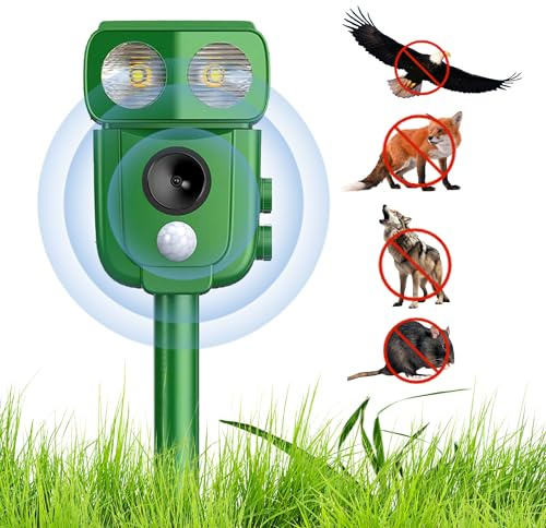 Ultrasuoni Repellente Gatti,Repellente Ultrasuoni solare,IP66 Impermeabile,per Piccioni,Uccelli,Cani,Topi,Volpi,Repellente per Animali con LED lampeggianti,5 modalità Regolabile Repeller Animali