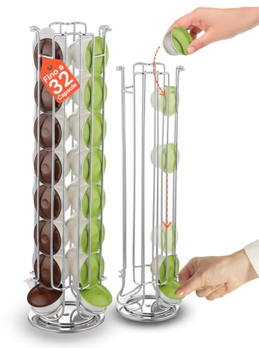 Avilia - Porta Capsule 32 Posti con Base Girevole 360° in Metallo, Porta Capsule Salvaspazio per Angolo Caffè Cucina, Utilizzo su Piano Accanto a Macchina, Design Verticale Moderno