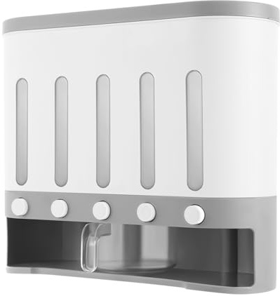 Cuisaincraty - Caja de almacenamiento de alimentos (5 compartimentos, dispensador de cereales de arroz, pasta, contenedor hermético con dosificador, pared y encimera, capacidad total 11 kg