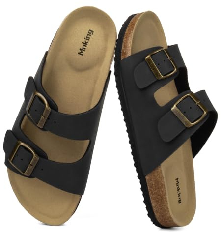 Mnking Sandalias Mules Mujer Hombre Verano Plana Hebilla Punta Abierta Sandalias de Pala Retro Cómodo Piel de Ante Pantuflas de Corcho Antideslizantes Zapatillas Planas