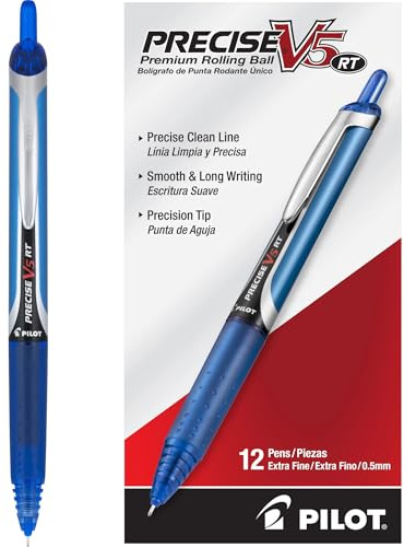 PILOT Precise V5 RT Refillable & Retractable Liquid Ink Rolling Ball Pens, Extra Fine Point (0.5mm) Blue Ink, 12-Pack (26063)