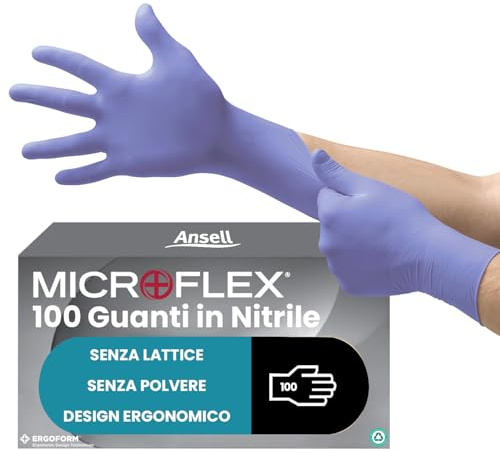 Ansell Microflex 93-843 Gants Jetables en Nitrile, Gant Usage Unique Haute Qualité, Protection Chimique et Mécanique Industrielle, Design Fin et Durable, Violet, Taille L (100 Pièces)