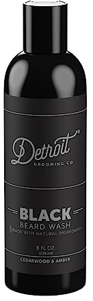 Detroit Grooming Co. Beard Wash - Men's Deeply Cleansing Shampoo for Beards and Mustaches - Aloe Vera and Essential Oils for Refreshing - Cedarwood & Amber Scent - Black Edition - 8oz