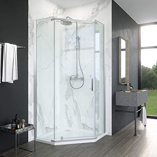 ELEGANT 900x900mm Pivot Shower Enclosure Pentagonal Semi-Frameless Shower Door 8mm Tempered Glass + Stone Shower Tray with Free Waste