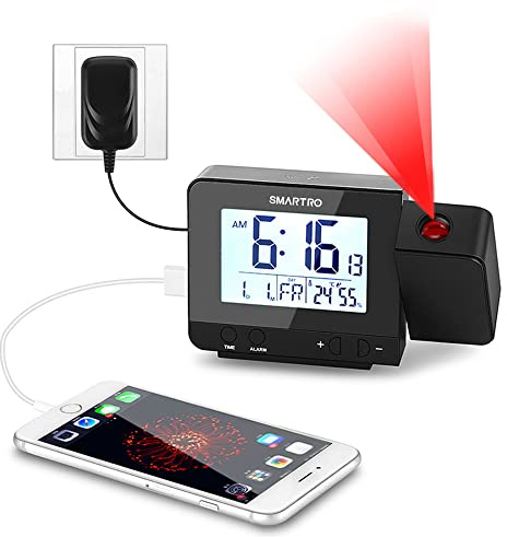 SMARTRO Digital Projection Alarm Clock for Bedrooms with Indoor Thermometer Hygrometer, USB Charger, Bedside Projector, Travel, AC and Battery Operated