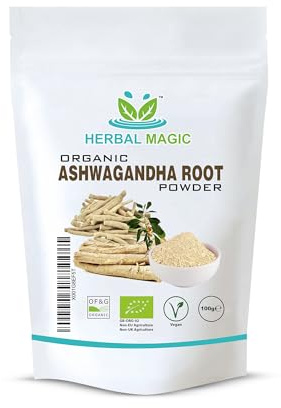 Herbal Magic's Organic Ashwagandha Root Powder - Rich Flavoured Smoothies, Shakes, Juices, Baking, Soups - Free from Fillers & Preservatives - of&G UK Organic Certified - 100g