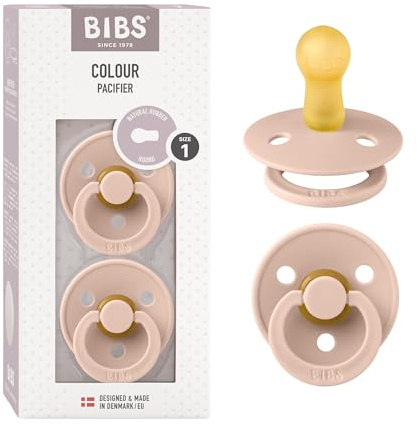 BIBS Colour Soother 2-Pack, BPA Free Dummy Pacifier, Round Nipple. Natural Rubber Latex, Size 1 (0-6 Months), Blush/Blush