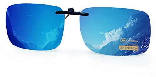Goiteia Blue Mirrored Polarized Clip-On Sunglasses,Lightweight Rectangle Design Over Prescription Glasses,Non-Flip Up,Compact Fit(60 * 40mm)