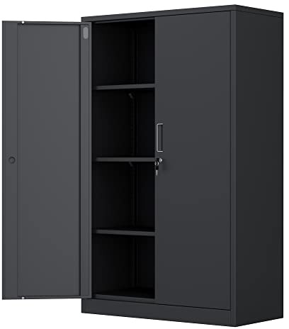 iJINGUR Metal Storage Cabinet with Locking Doors and 3 Adjustable Shelves, Lockable Steel Storage Cupboard for Home Office Garage Pantry (Black)
