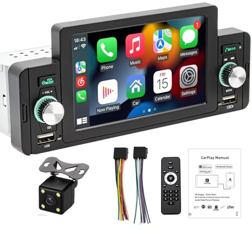 Estéreo para automóvil Carplay 5 Pulgadas Bluetooth Llamadas Manos Libres Carplay Android Auto Pantalla táctil Mirror Link Am/FM / 3USB / SD con cámara de visión Trasera 4LED 1Din