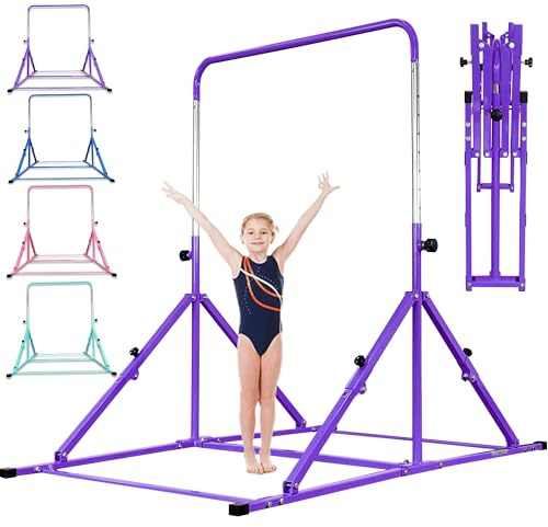 MARFULA Barre de Gymnastique Pliable de 1,5 m de Long avec Tapis pour Enfants âgés de 3 à 12 Ans, 9 Niveaux de Hauteur, capacité de Poids de 90 kg - Équipement de Gymnastique pour la Maison et la