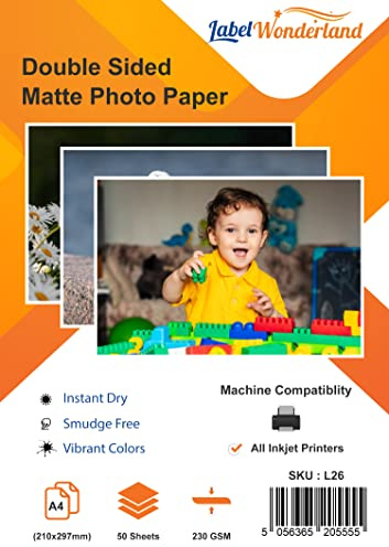 Pack of 50 Matt Photo Paper A4 Double Sided (210 mm x 297 mm) 230 GSM Photo Paper for Printer Epson LabelWonderland