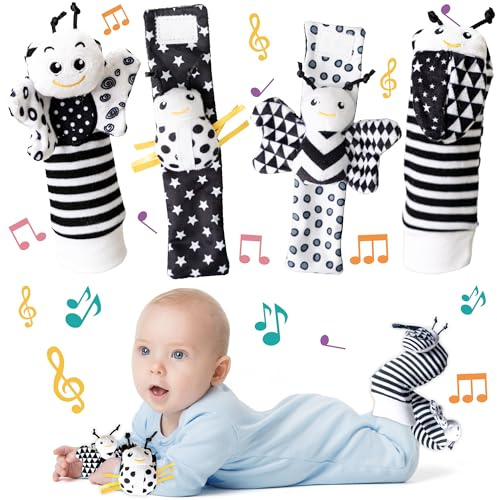 Infant Toys 0-6 Months, Newborn Baby Toys Rattle Socks | 4PCS Wrist Rattles Foot Finders Sock Set - Newborn/Babies Essentials Must Haves for 0-6-12 Months Gifts…