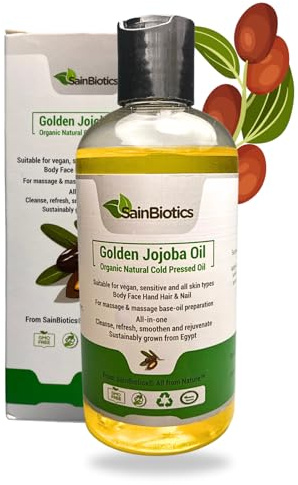 Sainbiotics™ 250ml Organic Golden Jojoba Oil| Natural Unrefined Cold Pressed Oil| Unscented| Suitable for Vegan| Suitable for All Skin Types| for Face, Body, Hand & Nail
