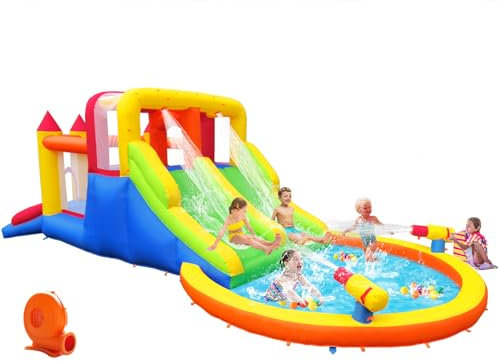 Umbalir Château gonflable avec 4 toboggans, grande maison rebondissante avec toboggan pulvérisateur, piscine à eau, toboggan gonflable avec souffleur pour enfants et tout-petits, extérieur et