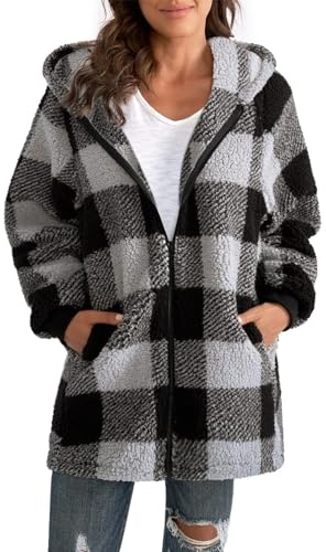 ABINGOO Chaqueta de forro polar para mujer, con capucha, a cuadros, cálida, para invierno, con cremallera, sudadera con capucha y bolsillos, Negro , XL