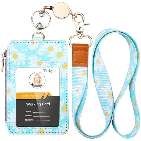 Teskyer Ausweishülle mit Band, Ausweishalter Ausziehbar, Kartenhülle mit Schlüsselband Ausziehbar, Hält 4 Karten, mit Transparentem Fenster, PU Leder, Gänseblümchen