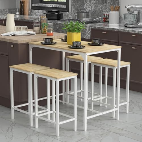 anrekl Set tavolo da pranzo e sedia, tavolo da bar con 4 sedie, bancone da bar, struttura in acciaio, design industriale, tavolo da bar 100 x 60 x 90 cm, sedia da bar 30 x 40 x 65 cm, rovere satinato