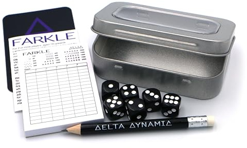 Delta Dynamic Products Farkle Travel Tin – Traditional Dice Game in a Compact Hinged Storage Tin. Pocket-Sized Set (9.6 x 6.2 x 2.2cm). UK-Made.