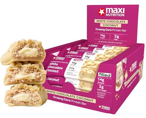 MaxiNutrition Barrita proteica Creamy Core sabor chocolate blanco y coco, 12 x 45 g, 33% de proteína, 15 g de proteína por barrita, sin azúcares añadidos, sin sabores artificiales