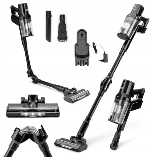 huslog Aspiradora Escoba sin Cable 160W, 11000Pa, 45 Min Autonomía, Pantalla LED, 3 Velocidades, Filtro HEPA, Cepillo Eléctrico, Compacta y Multifuncional, para Suelos, Alfombras y Mascotas, Negro