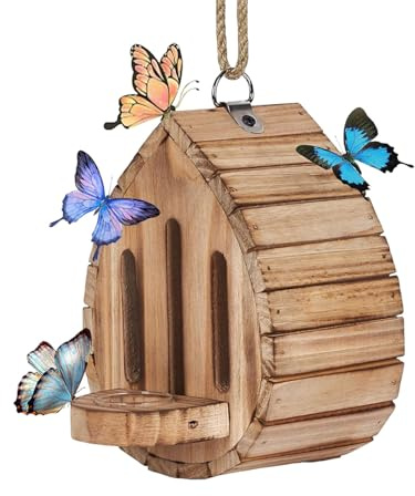 JIEBWCHA Maison et mangeoire en bois pour papillons - 13 x 19 cm - Habitat naturel - Décoration à suspendre - Pour jardin, terrasse, balcon - Abri d'hiver