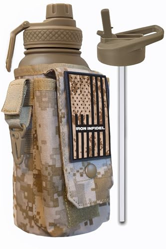 Iron Infidel Battle Bottle - 32 Oz Insulated Water Bottle with Straw Lid & Chug Cap, Stainless Steel Metal Tactical Flask With Rugged, Removable Sleeve for Keys & Phone or Wallet (MARPAT 1 Liter)
