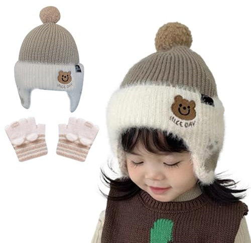 KASESSS Set för nyfödd bebismössa, björnmotiv, beanie barn, babyhandskar, babymössa, mjuk varm slip-mössa baby med pompom öronlappar fleece fodrad för 0–24 månader gamla pojkar flickor spädbarn