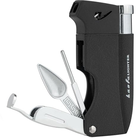 Refillable Butane Pipe Lighter with Angled Soft Flame for Smoking Tobacco, Built-in 3-in-1 Pipe Cleaner Tool Kit (Black)