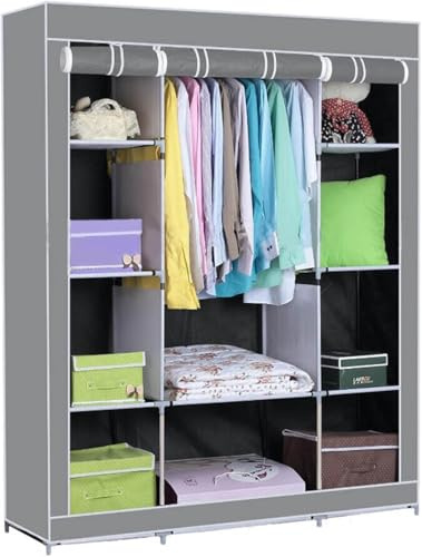 Y.H BLISSHAVEN Canvas Wardrobe 165×125×45cm – Foldable Closet with 3 Hanging Rods, 5 Shelves & Side Pockets, Portable Fabric Wardrobe Storage Rack for Bedroom, Shoes & Clothes Organiser (Grey)