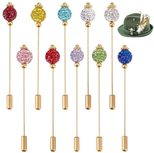 BENECREAT 10 pines de solapa de latón de 75 mm de largo con cuentas de diamantes de imitación, elegantes broches para el pelo para mujer, broches decorativos para corbata, sombreros, bufanda