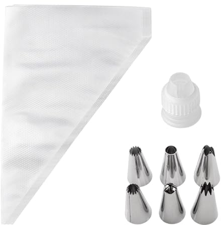 107pcs Piping Bag and Nozzles Set with Coupler, Disposable Pastry Bag, 100pcs Thick Icing Piping Bags, 6pcs Nozzles and 1pcs Coupler for Cake Cupcake Dessert Cookies Decoration(Color:Clear)