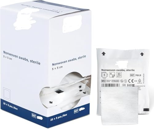 Garze Sterili (5 x 5 cm) tessuto non tessuto | Compresse Garza sterile per medicazione | Tamponi in tessuto-non tesutto nonwoven swabs (1 scatola = 100 pezzi) Farmaseven