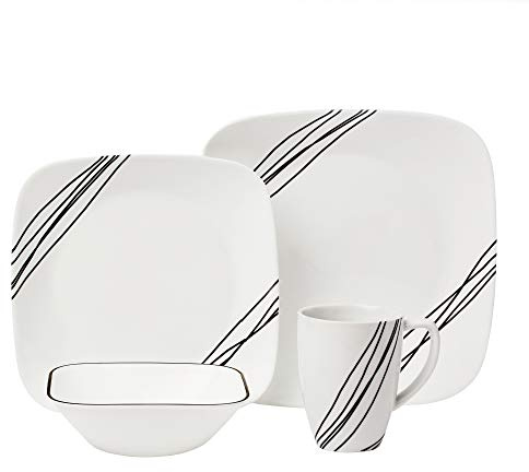 Corelle 16-Piece Vitrelle Glass Simple Sketch Chip and Break Resistant Dinner Set, Service for 4, Black