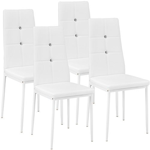 TecTake® Silla de Comedor, Asiento y Respaldo Acolchado, Piel Sintética, Piedras Brillantes, Sillas Modernas, Sillas Cocina, Alta Capacidad de Carga, Montaje Rápido - 4 Sillas Blanco